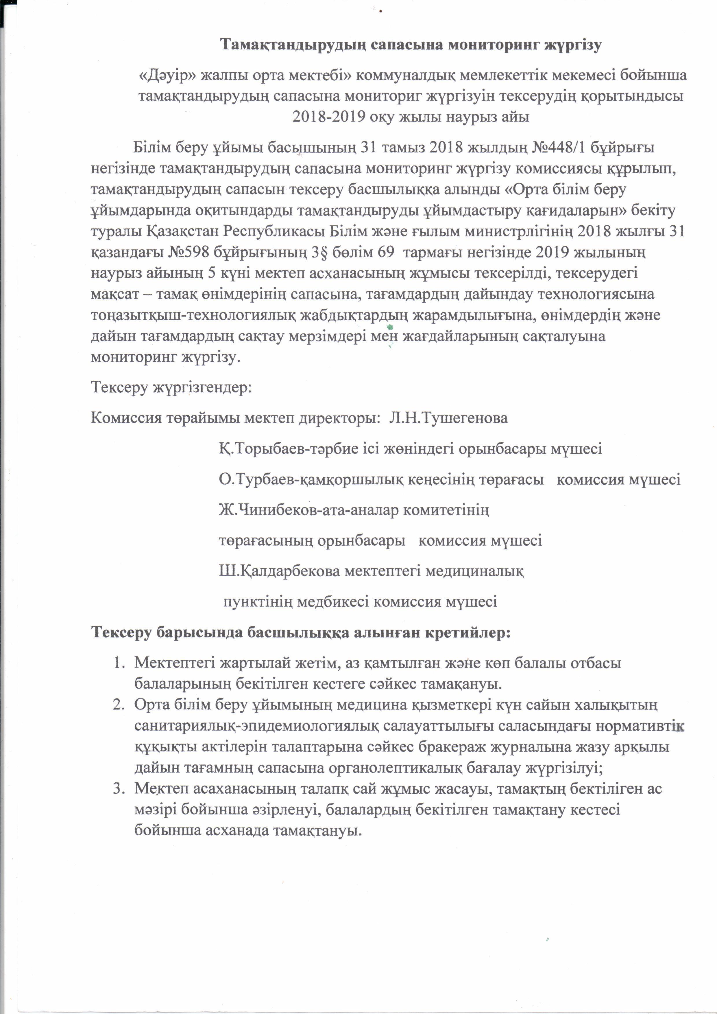 2018-2019 оқу жылының наурыз айының тамақтандырудың сапалық мониторингі.